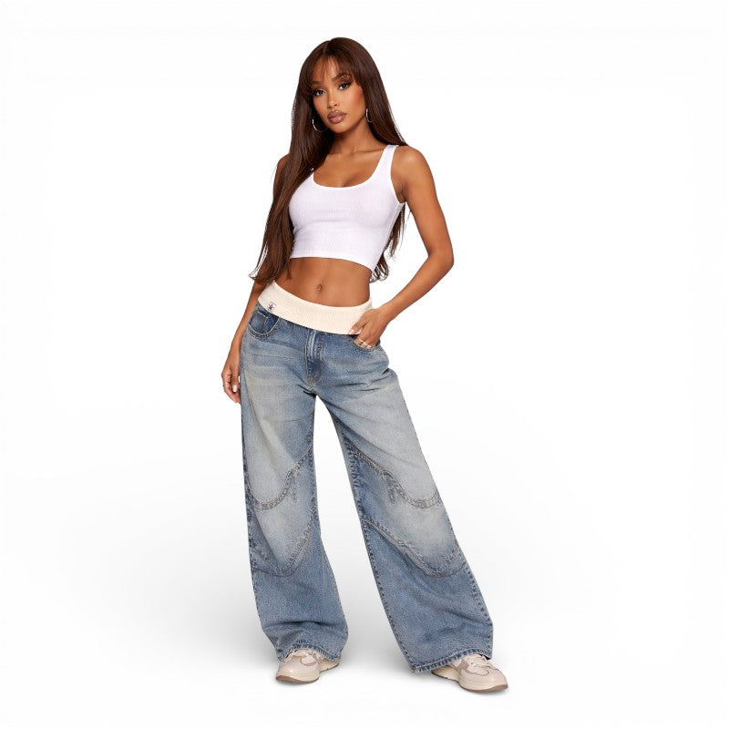 ELORIA | Dames Wide Leg Denim Broek met Elastische Taille