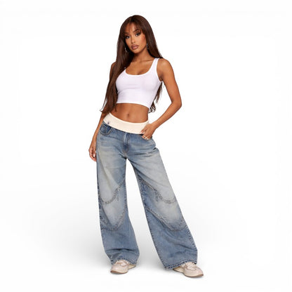ELORIA | Dames Wide Leg Denim Broek met Elastische Taille